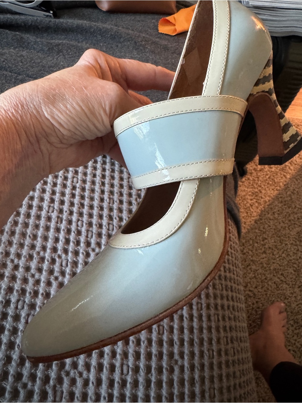 VINTAGE 1960’s John Fluevog Pale Blue Patent Mary Jane Pumps with Striped Heel - Picture 8 of 11